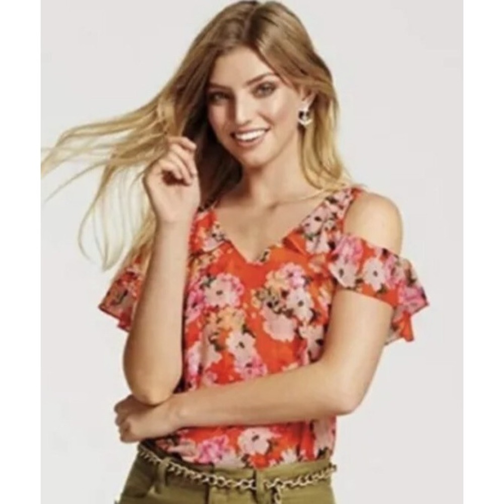 Cabi Lush Floral Cold Shoulder Blouse 5352 Orange V-Neck Ruffle Top XS